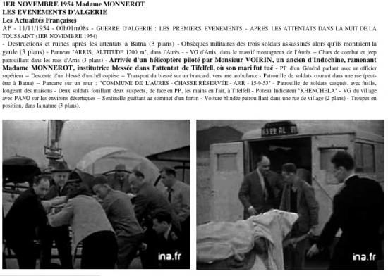 Héliportage de Mme Monnerot le 1er novembre 1954  de l'attentat à Tifelfell, son mari ayant été tué